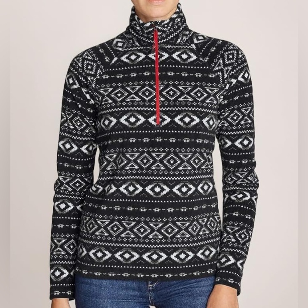 Eddie Bauer Large Fair Isle Fleece Pullover Quest Black White 1/4 Zip Cabin Warm